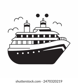 A large ship is sailing on the ocean. The ship is black and white. The sky is cloudy