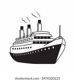 A large ship is sailing on the ocean. The ship is black and white. The sky is cloudy