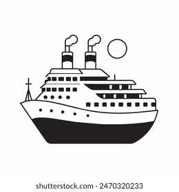 A large ship is sailing on the ocean. The ship is black and white. The sky is cloudy