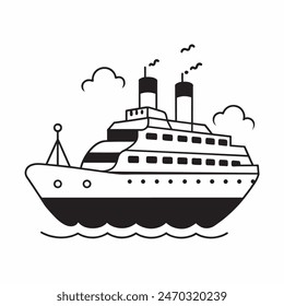 A large ship is sailing on the ocean. The ship is black and white. The sky is cloudy
