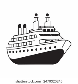 A large ship is sailing on the ocean. The ship is black and white. The sky is cloudy