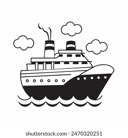 A large ship is sailing on the ocean. The ship is black and white. The sky is cloudy