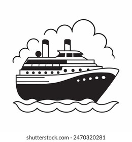 A large ship is sailing on the ocean. The ship is black and white. The sky is cloudy