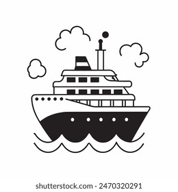 A large ship is sailing on the ocean. The ship is black and white. The sky is cloudy