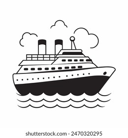 A large ship is sailing on the ocean. The ship is black and white. The sky is cloudy