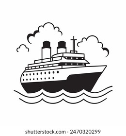 A large ship is sailing on the ocean. The ship is black and white. The sky is cloudy