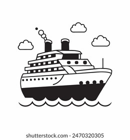 A large ship is sailing on the ocean. The ship is black and white. The sky is cloudy