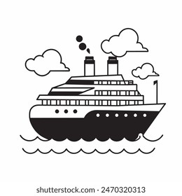 A large ship is sailing on the ocean. The ship is black and white. The sky is cloudy