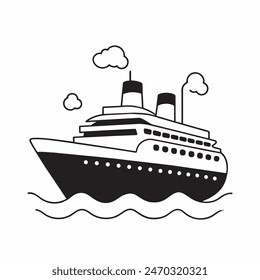 A large ship is sailing on the ocean. The ship is black and white. The sky is cloudy