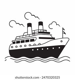 A large ship is sailing on the ocean. The ship is black and white. The sky is cloudy