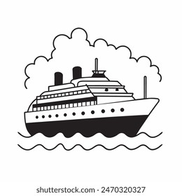 A large ship is sailing on the ocean. The ship is black and white. The sky is cloudy