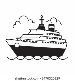 A large ship is sailing on the ocean. The ship is black and white. The sky is cloudy