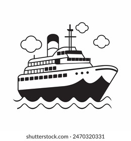 A large ship is sailing on the ocean. The ship is black and white. The sky is cloudy