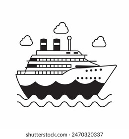 A large ship is sailing on the ocean. The ship is black and white. The sky is cloudy