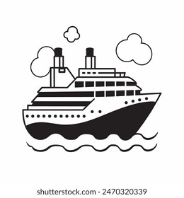 A large ship is sailing on the ocean. The ship is black and white. The sky is cloudy