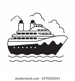 A large ship is sailing on the ocean. The ship is black and white. The sky is cloudy