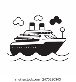 A large ship is sailing on the ocean. The ship is black and white. The sky is cloudy