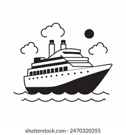 A large ship is sailing on the ocean. The ship is black and white. The sky is cloudy