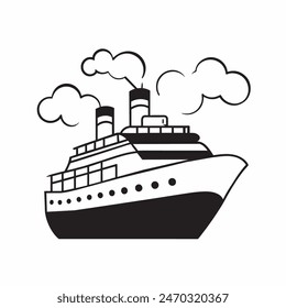 A large ship is sailing on the ocean. The ship is black and white. The sky is cloudy