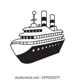 A large ship is sailing on the ocean. The ship is black and white. The sky is cloudy