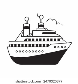 A large ship is sailing on the ocean. The ship is black and white. The sky is cloudy