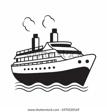 A large ship is sailing on the ocean. The ship is black and white. The sky is cloudy