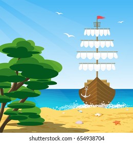 Large ship with sails on the ocean. Sunny seascape. A tropical island beach with seashells on a sandy beach with a branchy green tree crown. Design for banner, web, brochure, card. Vector illustration