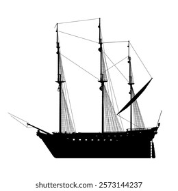 Large ship sails on the water. The ship is a sailboat with a long mast and a sail. The sailboat is black and white