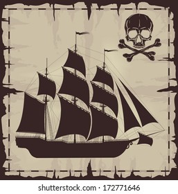 Large ship and skull over old paper. Vector illustration.