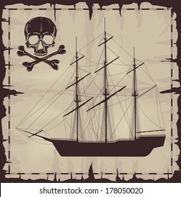Large ship and skull over old paper. Vector illustration.