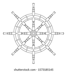 Large ship steering wheel. Outline drawing for coloring. Isolated image on a white background. Vector illustration