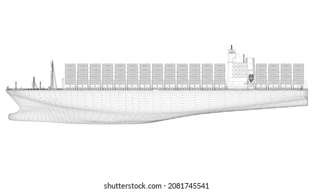 Gran alambre de barco con contenedores de líneas negras aislados en fondo blanco. Vista lateral. 3 D. Ilustración del vector