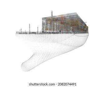 Large ship wireframe with containers isolated on white background. Perspective view. 3D. Vector illustration