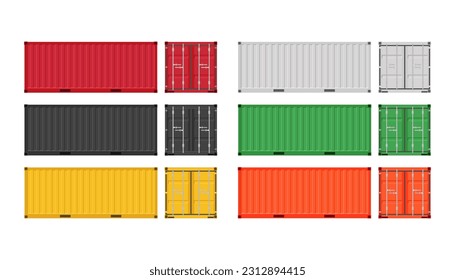 Large shipping containers. Set of cargo containers in different colors. Vector illustration. Isolated on white background.	
