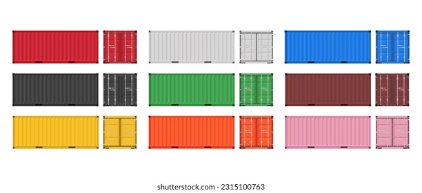 Large shipping containers. Set of cargo containers in different colors. Vector illustration. Isolated on a white background.	
