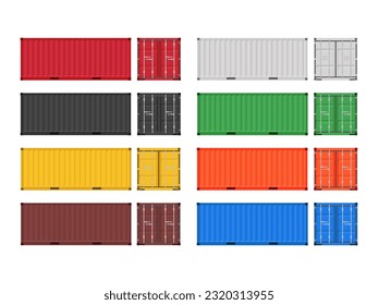 Large shipping containers. Set of cargo containers in different colors. Vector illustration. Isolated on white background.	
