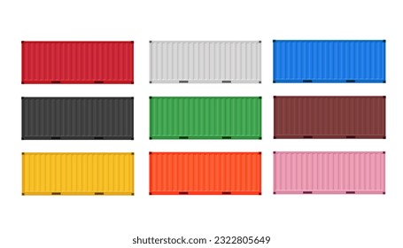 Large shipping containers. Set of cargo containers in different colors. Vector illustration. Isolated on white background.