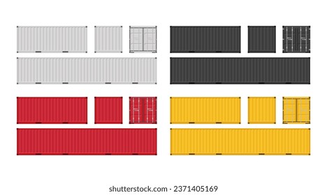 Large shipping containers. Set of cargo containers in different colors. Vector illustration. Isolated on white background.	
