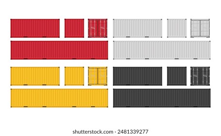 Grandes contenedores de transporte. Conjunto de contenedores de carga en diferentes colores. Ilustración vectorial. Aislado sobre fondo blanco.	