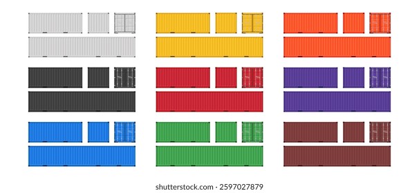 Large shipping containers. Set of cargo containers in different colors. Vector illustration. Isolated on white background