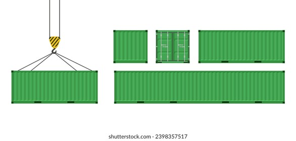 Large shipping containers. Set of green cargo container. Vector illustration. Isolated on a white background.	