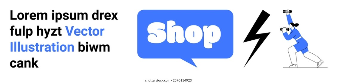 Large Shop sign in blue speech bubble, person holding binoculars, and lightning bolt symbol. Ideal for online shopping, e-commerce, business promotion, digital marketing, and website advertising