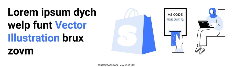 Large shopping bag icon, person holding a tablet with HS CODE screen, woman using a laptop. Ideal for ecommerce, online transactions, digital shopping, technology integration, web design. Landing
