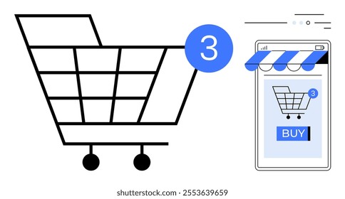 Large shopping cart with notification bubble showing 3 items. Smartphone displaying storefront with cart and buy button. Ideal for retail, online shopping, e-commerce, mobile apps, digital marketing