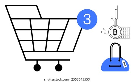 Large shopping cart with three items notification, blue handbag with price tag, and Bitcoin symbol connected to circuitry. Ideal for e-commerce, cryptocurrency, online shopping, digital transactions