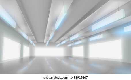 Gran galería comercial. Sala vacía para la exposición. Fondo blanco. Ilustración vectorial.