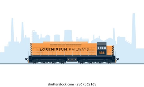 A large shunting locomotive on the background of factory buildings. Flat vector illustration