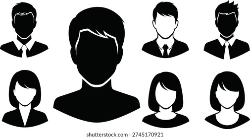 A large silhouette of a person surrounded by six smaller silhouettes of people in business clothes