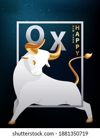 Large silver bull with golden horns, hooves and tail. Ox in the frame of the dark sky and the stars of the galaxy. Modern poster or cover with 2021 oriental new year symbol. Vector stock illustration.