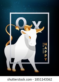 A large silvery bull with golden horns, hooves and a tail. Ox in the frame of the dark sky and the stars of the galaxy. Trendy postcard or cover with 2021 new year symbol. Vector stock illustration.